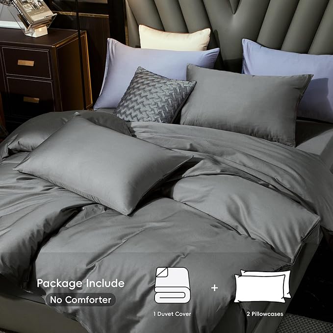 MooMee Duvet Cover Set 100% Extra Long Staple Cotton 600 Thread Count Silky Sateen Smooth Luxury Soft Breathable Durable Hotel Quality Bedding, 3 Pieces (Dark Gray, King 104"x90")