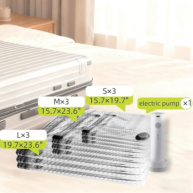 Lazyfeel 9-Pack Vacuum Travel Storage Bags with Electric Pump, Space Saver Compression Bags for Suitcases & Home Storage, 3 Sizes for Clothes, Quilts & Travel, Portable USB Rechargeable Pump