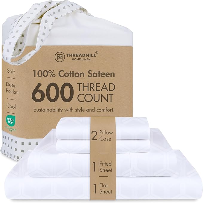 Threadmill 100% Cotton Sheets for Queen Size Bed - 600 Thread Count Queen Bed Sheets Set with 16” Deep Pocket - Jacquard Sateen Weave 4-Piece Bedding Set with Cooling Effect, White
