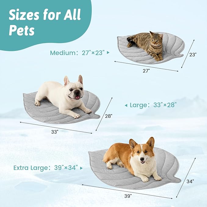 Dog Cooling Mat, Q-Max > 0.4 Leaf Shaped Pet Pad, Liquid Pee Proof Summer Mat for Cats, Washable Sleep Blanket for Bed Couch Floor Indoor, 33x28 inch, Silver Grey