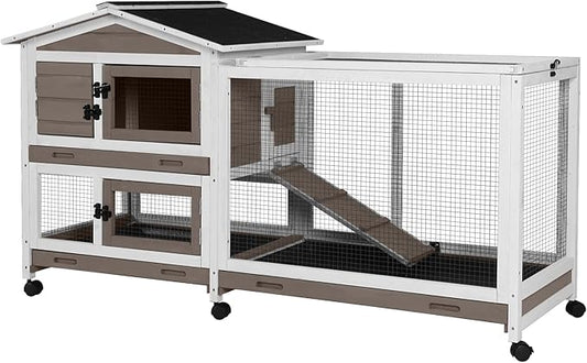 Aivituvin Rabbit Hutch 62" Rabbit Cage Indoor Outdoor Chicken Coop Guinea Pig Cage on Wheels Bunny Cage with 3 Deep No Leakage Pull Out Tray,Waterproof Roof (Brown)