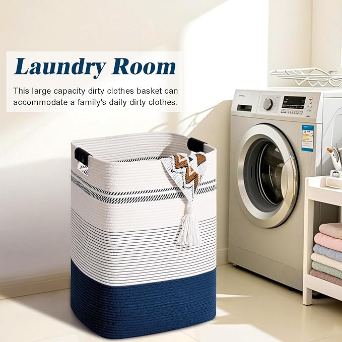 Laundry Hamper, 95L Tall Laundry Basket with Leather Handles, Rectangle Large Clothes Hamper for Organizing, Cotton Woven Laundry Baskets Storage Hampers for Bedroom, Nursery, Living Room