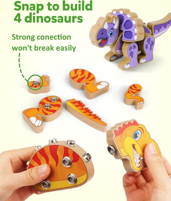 Coogam Build Your Own Dinosaurs Toy, Snap Together Building Dinosaurs Playset, Wooden STEM Take Apart Dinosaur Builder, Montessoi Fine Motor Building Toy Gift for 3 4 5 Years Old Kids