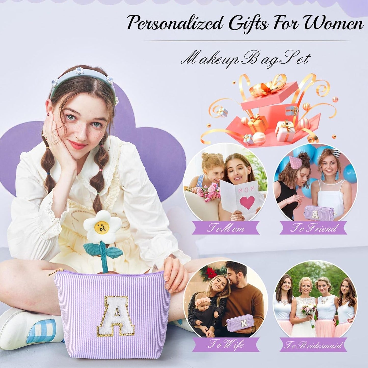 YOOLIFE Gifts for Women - Makeup Bag Organizer, Cute Skincare Bag - Personalized Best Friend, Wife, Mom Birthday & Valentine's Day Gift - Purple