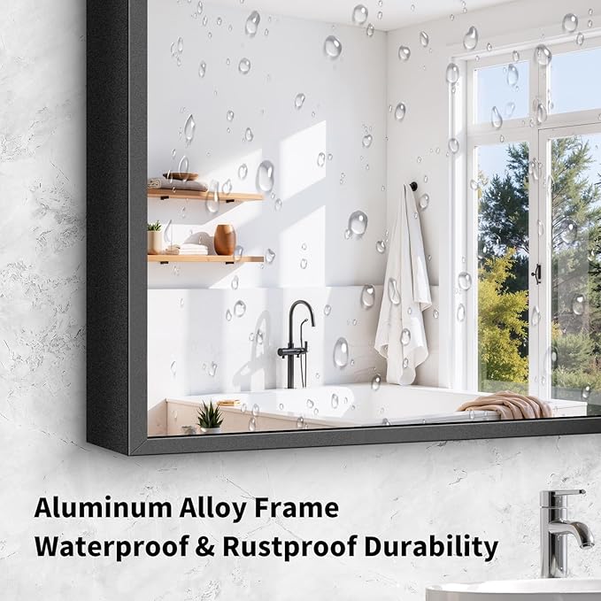 Koonmi Black Framed Bathroom Mirror - Shatterproof 36"x60" Tempered Glass, HD No Distortion, Horizontal/Vertical Mount, Modern Matte Aluminum Alloy Frame