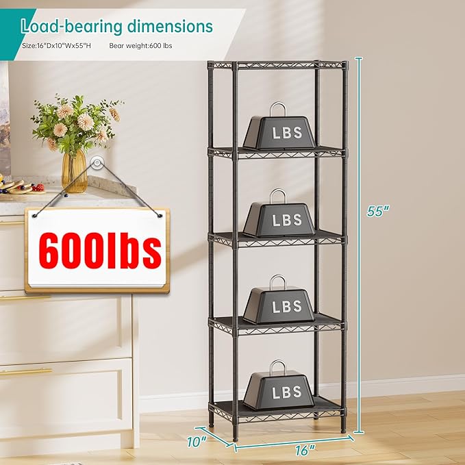 Narrow Metal Wire Shelving Unit, 10 x 16 x 55 in – Black