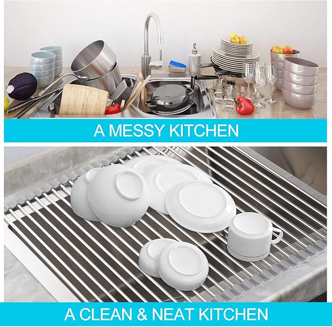 SunCleanse 17.8" L×15" W Roll Up Dish Drying Rack, Over Sink Dish Drying Rack Drainer, Multi-Use Stainless Steel Foldable Dish Rack for Kitchen Sink Countertop, Grey