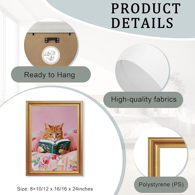 Fantasy Artists Gold Framed Wall Art Prints, Cute Orange Cat Reading a Green