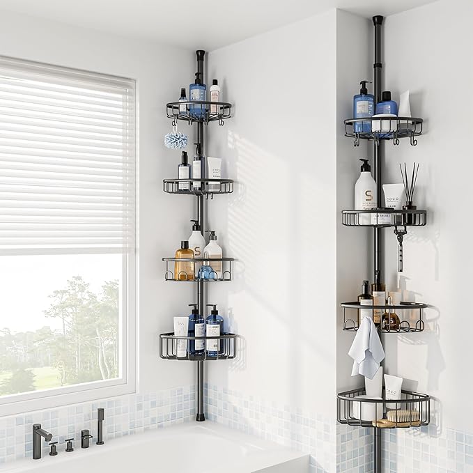 Corner Shower Caddy Tension Pole: Stainless Steel Rustproof 4-Tier Shower Organizer - 47-121 inch Adjustable Bathroom Shelves for Bathtub Shampoo Storage - Tension Rod Floor Standing Bath Rack - Black