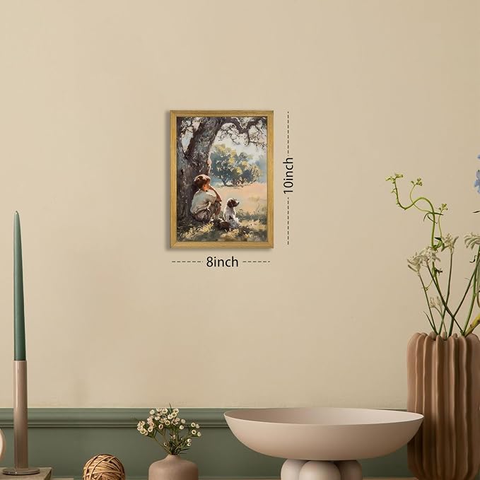 Wood Framed Canvas Wall Art, Vintage Boy and Dog Painting Poster, Countryside