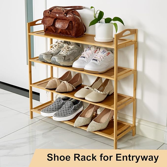 4 Tier Bamboo Shoe Rack, Free Standing Shoe Racks, Shoes Rack Organizer, Bamboo Wood Shoe Rack for Entryway and Closet Hallway (27.5" x 9.25" x 27.1")