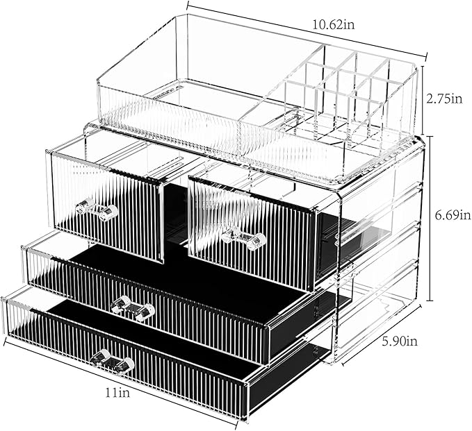 ZHIAI Stackable Storage Drawers, Acrylic Bathroom Counter Organizer Clear Makeup Organizers for Vanity, Kitchen Cabinets, Bathroom, Undersink, Home Organization and Storage (1 Top 4 Drawers D)