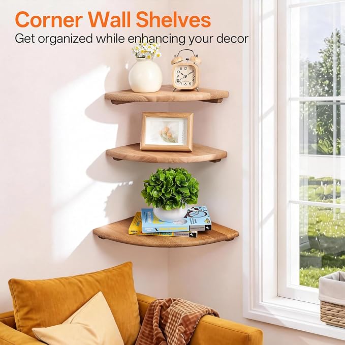 Gieanoo Corner Floating Shelf 16inch Solid Oak Wood Floating Corner Shelf