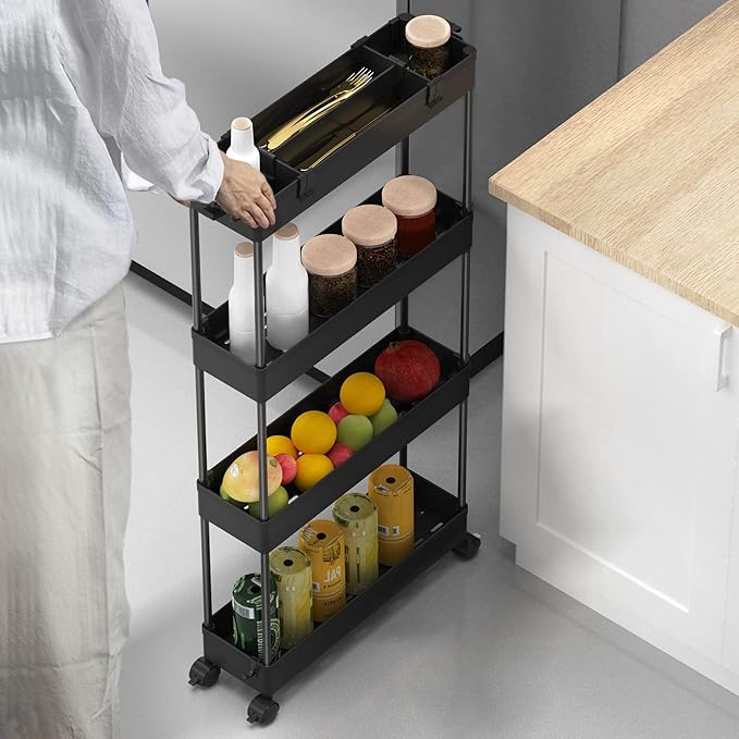 SPACELEAD Slim Storage Cart 4 Tier,Bathroom Organizer Rolling Utility,Mobile Shelving Unit Slide Out for Office, Kitchen, Laundry Room & Narrow Places,Black