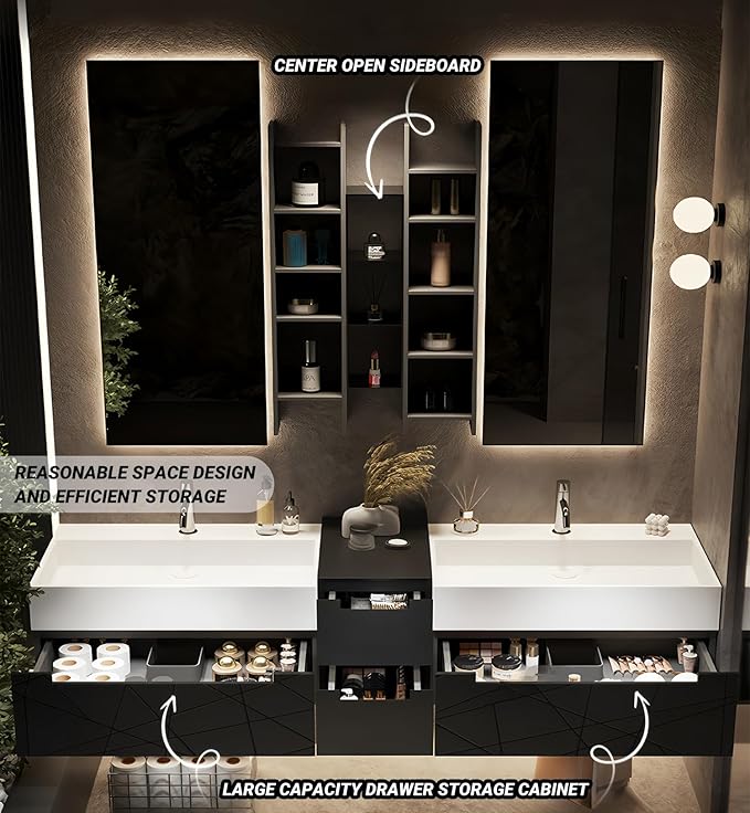 Double Bathroom Vanity with Sink, Floating Modern Bathroom Vanity Set Includes LED Smart Defogging Mirror and Open Storage Wall Cabinet, Solid Wood Bathroom Cabinet with Large Drawer (Apricot, 64")