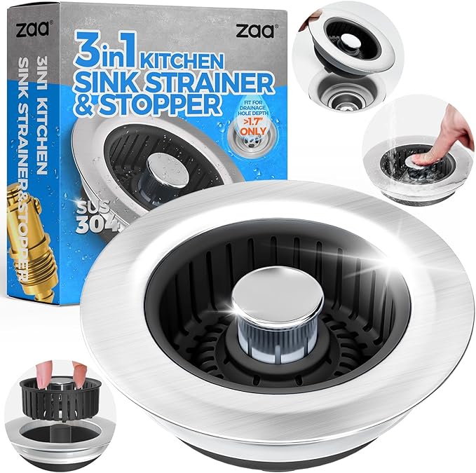 zaa Sink Drain Strainer - 3 in 1 Kitchen Sink Stopper, Stainless Steel Kitchen Drain Plug & Cover with Anti-Clogging Basket Strainer, Fit US Standard 3-1/2'' Sink Drain Hole, Brushed Black