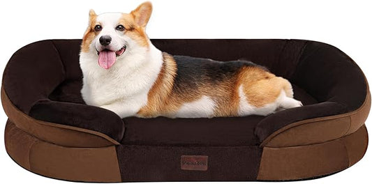 Dwanton Orthopedic Dog Bed for Medium Dogs with Gel Memory Foam, Waterproof Dog Sofa, Washable Pet Bed with Four Sided Bolster Cushion, Removable Cover & Non-Slip Bottom, 35", Brown