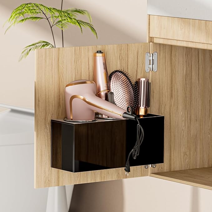 Hair Tool Organizer Acrylic: Hair Dryer Holder Wall Mount - Blow Dryer Holder Cabinet Door - Bathroom Countertop Organizer for Curling Iron Hot Styling Tools Flat Iron - Black