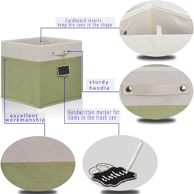 11 inch cube storage bin,Collapsible Fabric Storage Cubes with Labels 4 Pack,Linen Cube Storage Organizer Bins with Cotton Handles for Home,Nursery,Clothes,Cabinet, Shelves and Closet(White green).