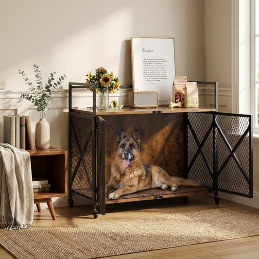 Dog Crate Furniture, 41 Inch Dog Kennel Indoor with Removable Cushion, Heavy Duty Dog Crate for Large Dogs and Medium Dogs, Wooden Dog Cage End Table with Double Doors, Rustic Brown