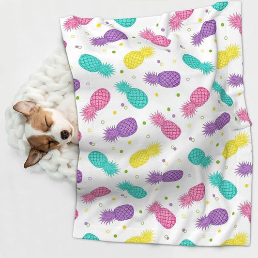Pet Blanket for Couches and Beds, Colorful Tropical Summer Pineapple Print, Reversible Double Sided Plush Design with Soft Bumpy Texture and Smooth Surface, Furniture Protector