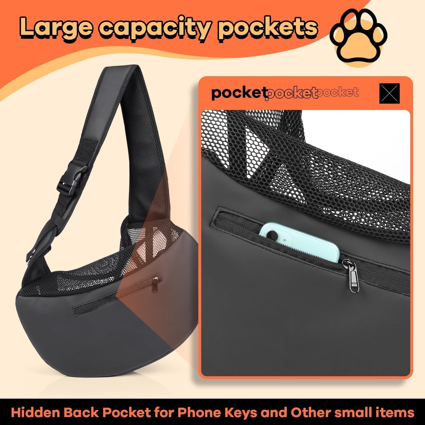 YUDODO Pet Sling Carrier for Small Dogs & Cats – Hands-Free Puppy Carrier with Safety Hook, Large Zipper Pocket, Soft Breathable Mesh, Adjustable Strap & Reflective Strip (Black 3.0 S)