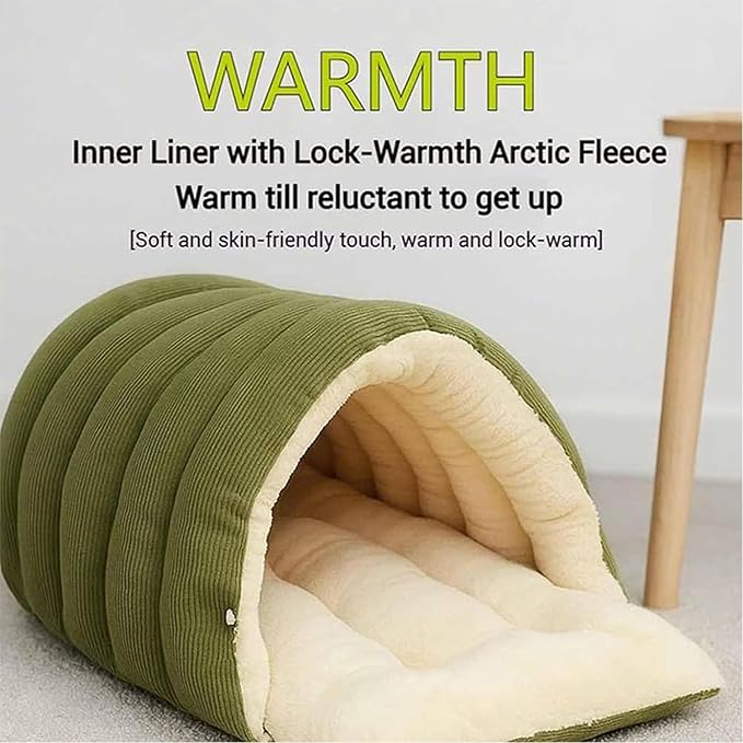 Expectation Cat Bed, Removable and Washable Winter Closed-Off Cat Bed, Soft Fluffy Warm Autumn/Winter Cats House, Washable Non-Slip Pet Sleeping Bag for Indoor Cats Small Dogs (Green,Medium)