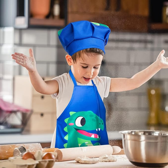 R HORSE 2 Pieces Kids Apron and Chef Hat Set, Dress up Role Play Chef Toy | Adjustable Blue Dinosaur Kitchen Apron Set, Ideal for Cooking, Baking, Painting, and Training, Birthday New Year Cooking Gift