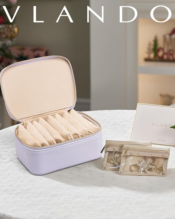 Vlando Travel Jewelry Case with 8 Velvet Jewelry Bags Travel Jewelry Storage Box Jewelry Organizer for Necklace Rings Earrings Teen Girls Gifts Trendy Stuff -Purple