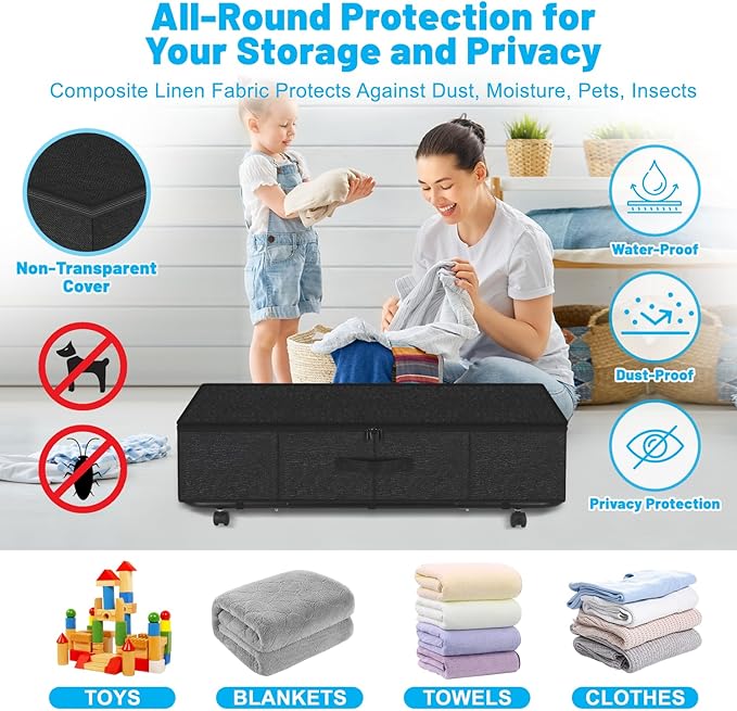 Large Sturdy Under Bed Storage with Wheels, 2 Pack 50L Rolling Underbed Storage Bins, Under Bed Containers Drawer with Metal Bottom Support, Bedroom Organizer with Lids for Clothes, Shoes, Blankets