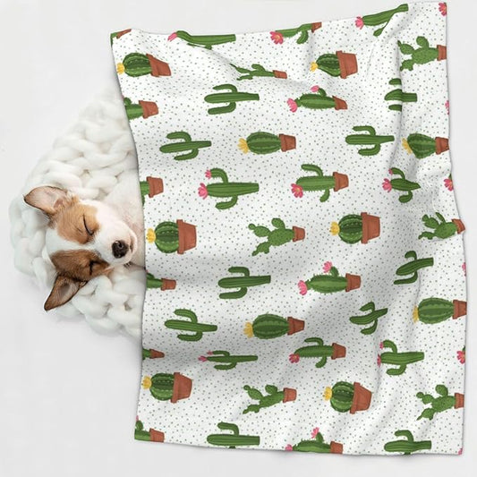 Double Sided Plush Pet Blanket for Small Large Animals, Cactus Floral Bloom Flower Summer Tropical Watercolor, Reversible Throw with Dimpled Dot Side and Flat Side for Kennels Living Rooms