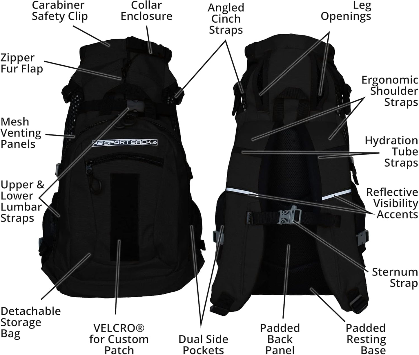 K9 Sport Sack Plus 2 - Small, Jet Black - Ideal for Dogs 13-16” Long - Adjustable, Backpack-Style Carrier with Multi-Functional Storage Pack, Thick Shoulder Straps & Padded Back Panel