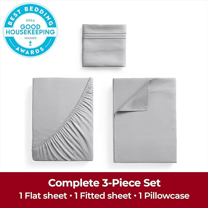 Mellanni Extra Deep Twin Sheets - 3 PC Iconic Collection Bedding - Hotel Luxury, Ultra Soft, Cooling Bed Sheets - Wrinkle, Fade, Stain Resistant (Twin, Light Gray)