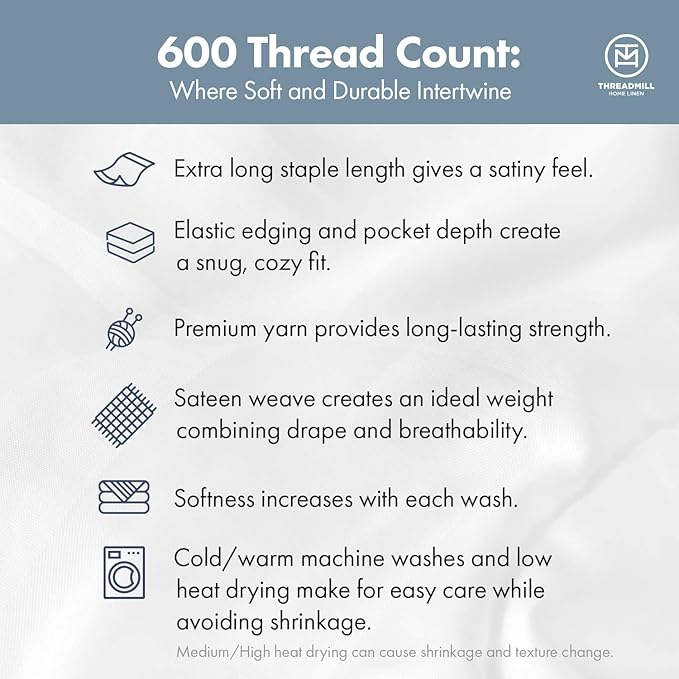 Threadmill 100% Cotton Sheets for Twin XL Size Bed - 600 Thread Count Twin XL Bed Sheets Set with 15” Deep Pocket - Damask Stripe Sateen Weave 3-Piece Bedding Set with Cooling Effect, Moonrock Grey