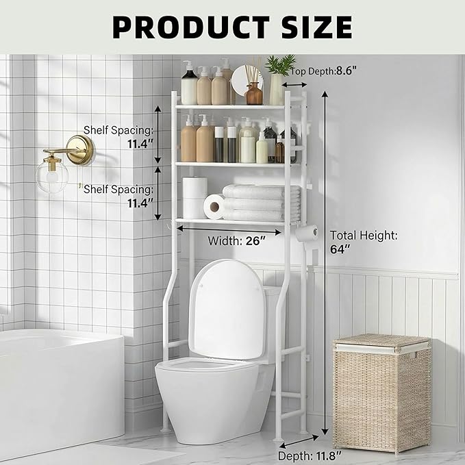 GloTika 3-Tier Over Toilet Storage with Anti-Tilt Safety System - 150lb Total Capacity Metal Bathroom Shelves Including Paper Holder & 4 Hooks, Space Saving Above Commode Organizer (64" H, White)
