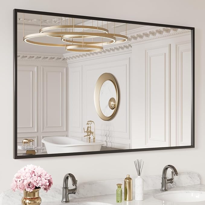 LOAAO 40"X30" Black Rectangle Bathroom Mirror Wall, Matte Black Aluminum Alloy Frame, Tempered Glass, Hangs Vertically or Horizontally, Easy to Install