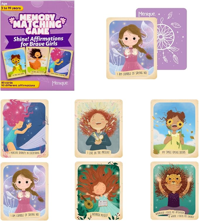 Menique Shine Memory Matching Game – 80 Cards (40 Pairs) with Positive Affirmations for Brave Girls – Motivational & Mindful Matching Game for Confidence and Self-Love