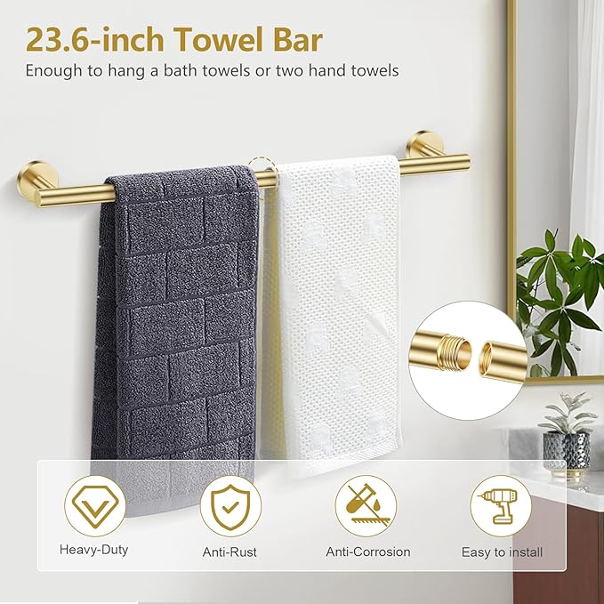 TQKAG Brushed Gold 5 Piece Bathroom Hardware Accessories Set 23.6" SUS304 Stainless Steel Bathroom Towel Bar Holder Sets Double Post Pivoting Toilet Paper Holder Set Wall Mounted