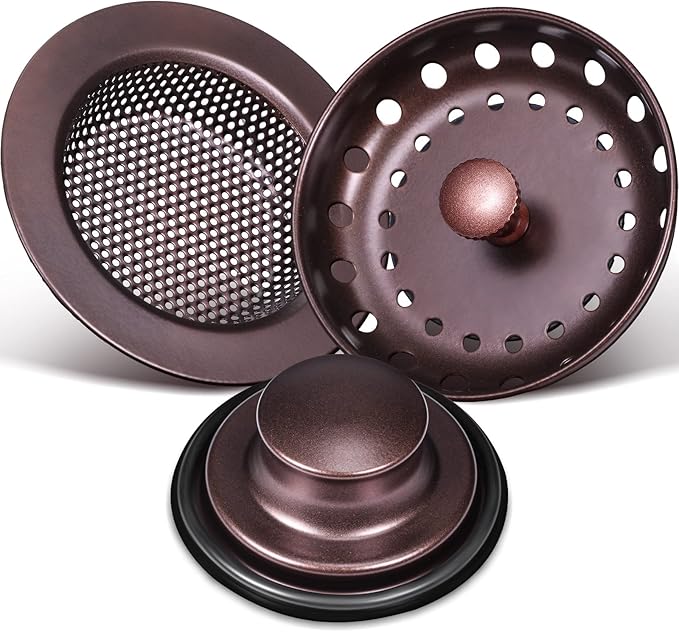 Mudder 3 Pcs Kitchen Sink Drain Strainer and Stopper Stainless Steel Garbage Disposal Plug with Handle Universal Anti-Clogging Kitchen Sink Filter Sieve Basket Strainer(Oil Rubbed Bronze)