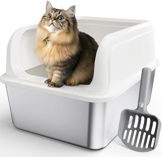 Stainless Steel Cat Litter Box, Metal Litter Box with Scoop, High- Sided, Anti-Leakage Top Entry, Non-Sticky, Easy to Clean, White, M (1 Pack)