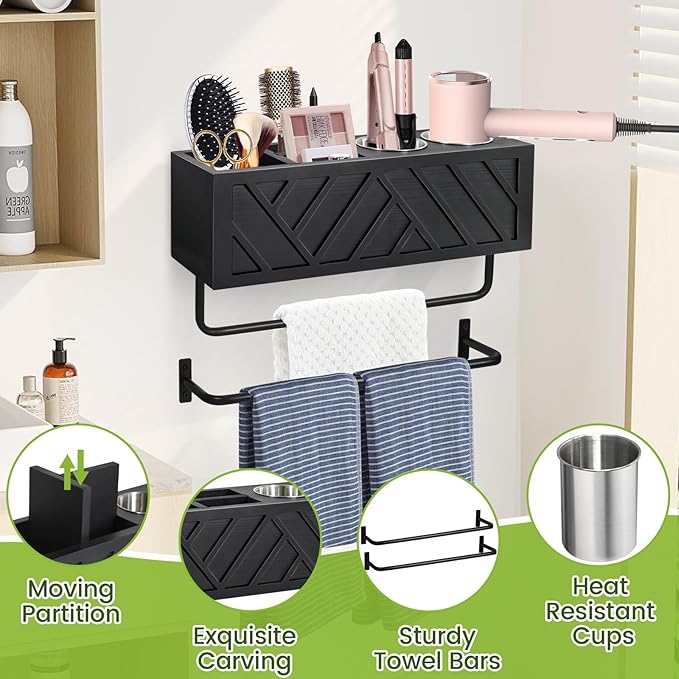 Hair Tool Organizer Wall Mount, Hair Dryer Holder with 2 Towel Bars, Wood Hot Tools Organizer, Rustic Bathroom Organizer Blow Dryer Holder for Bathroom Decor, Flat Iron, Curling Wand, Brushes(Black)