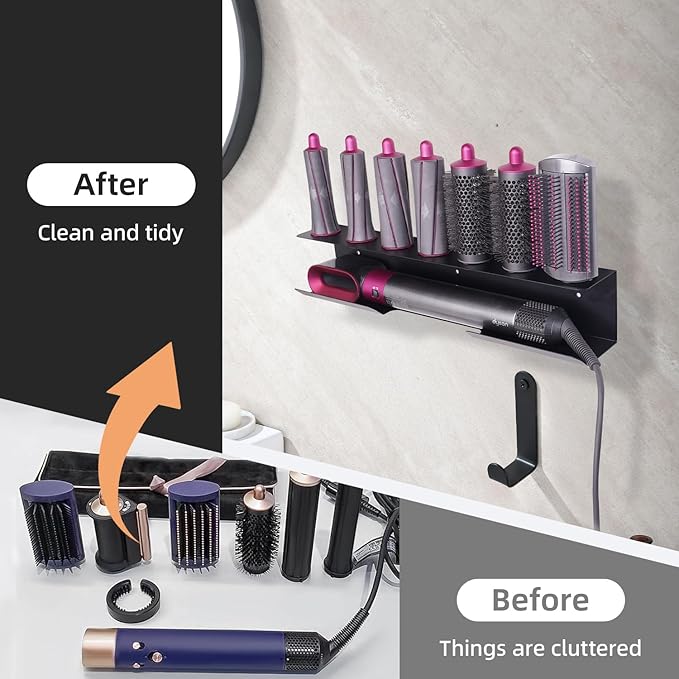 Hair Dryer Holder for Airwrap, Aluminum Hair Tool Holder Wall Mount Black with 7 Custom Slots & Cable Hook, Hair Tool Organizer Wall Mounted for Bathroom