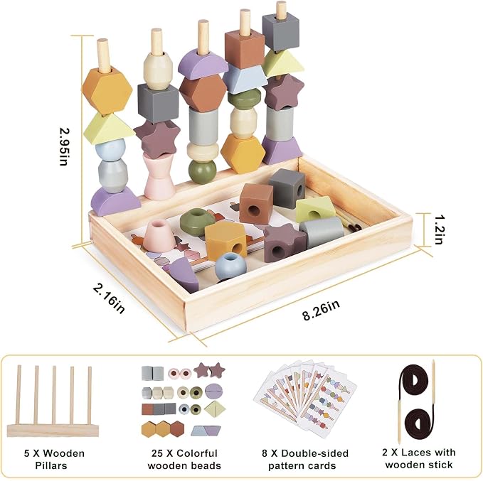 Montessori Toys for 3 Year Old - Wooden Lacing Beads & Stacking Blocks Toys for 3 4 5 Year Old Girl Boy Easter Birthday Gifts, Preschool Learning Activities With Beads Sequencing Set for Kids Age 3+