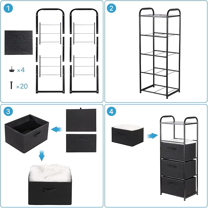 MAX Houser 4 Drawer Fabric Dresser Tall Storage Tower, Dresser Chest with Wood Top, Vertical Nightstand Side Organizer Unit with Metal Frame for Closets Bedroom Nursery Room Hallway(Black)