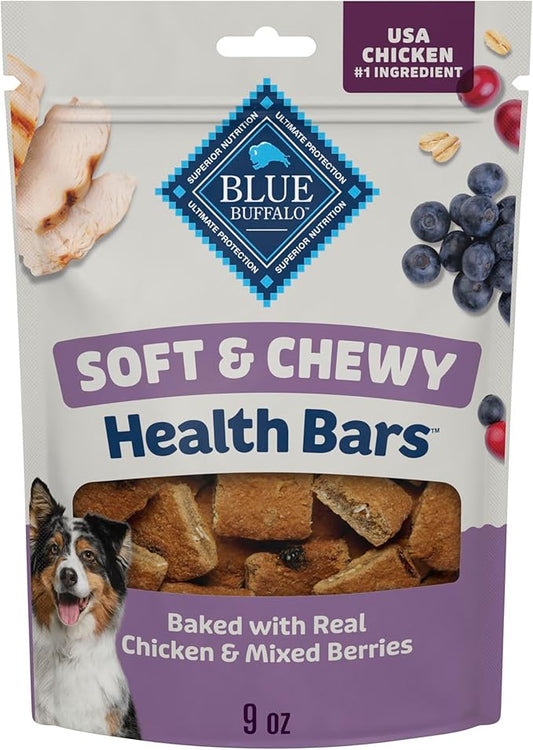 Blue Buffalo Soft & Chewy Health Bars, Baked with Real Chicken & Mixed Berries, Natural Dog Treats Enhanced with Vitamins and Minerals, 9 oz. Bag