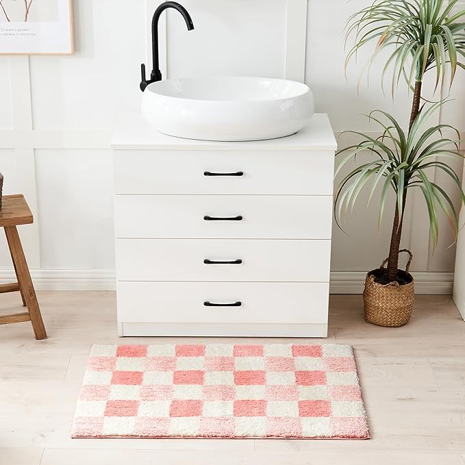 CozeCube Bath mats for Bathroom Non Slip, Fluffy Absorbent Microfiber Bath mat Washable, Aesthetic Bathroom Rugs, Long Blossom Pink Checkered Bath Runner, Blossom Pink, 59" x 24"