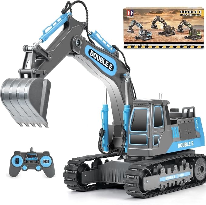 DOUBLE E Remote Control Excavator Toy RC Excavators Rechargeable Battery Digger Hydraulic Construction Toys Vehicles Xmas Gift for Boys Girls Kids 3-14 Years，Gray-Blue