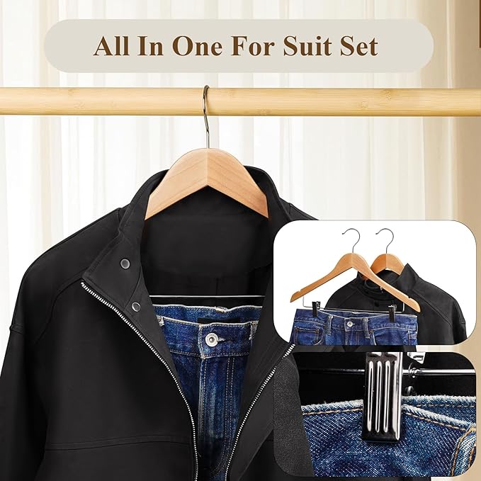 Wooden Hangers with Adjustable Heavy Duty Clips - 12 Pack Pants, Skirt, Jeans, Slacks, Shorts Hangers (Natural)