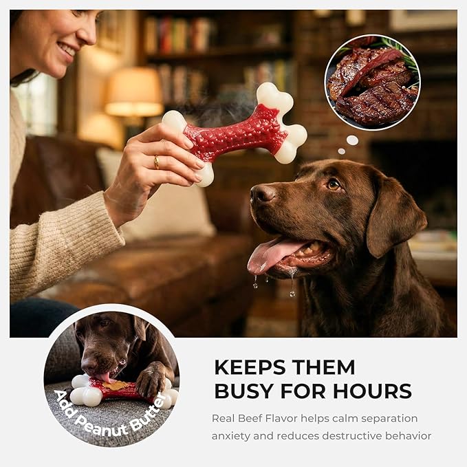 Indestructible Dog Toys for Aggressive Chewers: Beef Flavored Hard Nylon Bone Chew Toys, Tough Dog Chew Toys for Large Dogs, Dog Toys to Keep Them Busy for Medium Large Breed (20-80 lbs), Red