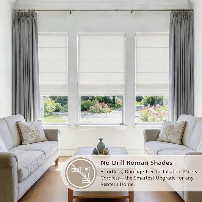 DEJAVU No Drill Cordless Blackout Roman Shades, Linen Textured Privacy Roman